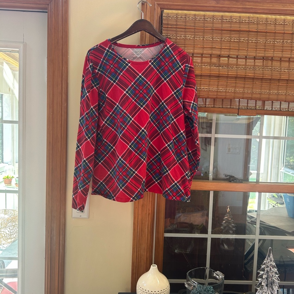 Talbots Red and Blue Boxy Long Sleeve Blouse